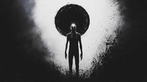 Silhouette walks into a painted eclipse of its own mind