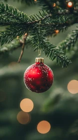 Red ornament hangs from evergreen branch with soft bokeh lights
