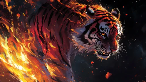 Blazing tiger strides through fire with fierce, untamed grace