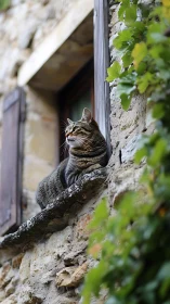 Tabby Cat Perched on Weathered Stone Ledge with Ivy Growth