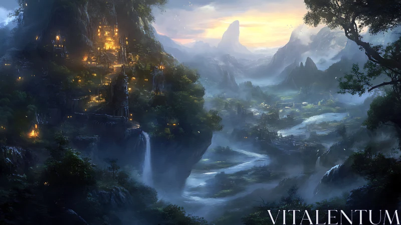 Luminous mountain citadel overlooks misty river valley.