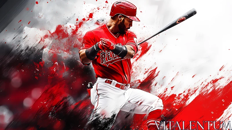 Dynamic baseball slugger in bold red and white motion art.