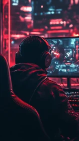 Cyber gamer locked in neon red immersive battlestation.
