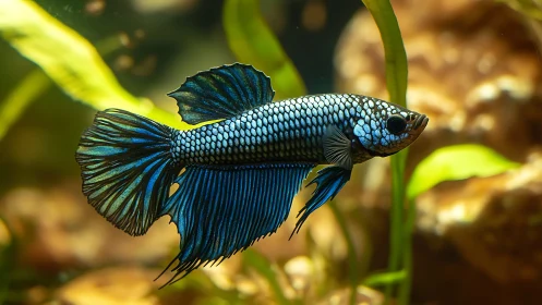 Iridescent betta fish with flowing fins in warm aquarium.