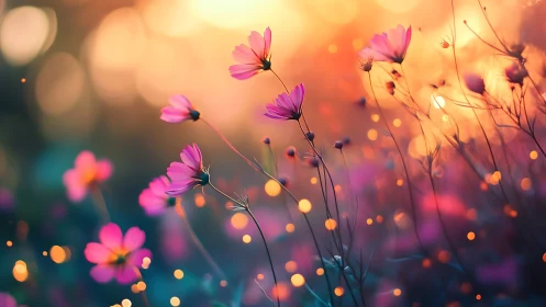 Pink Cosmos Flowers in Sunset: Bokeh Landscape with Warm Light.