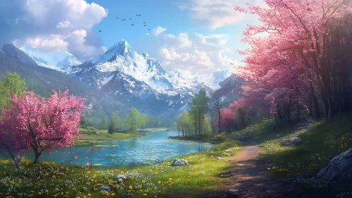 Peaceful spring path by a sparkling mountain river.