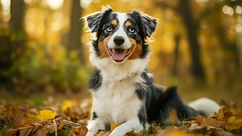 Tricolor dog lying on autumn leaves in blurred woodland.