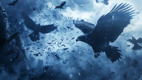 Aerial raptor swarm in storm-laden monochrome atmosphere.