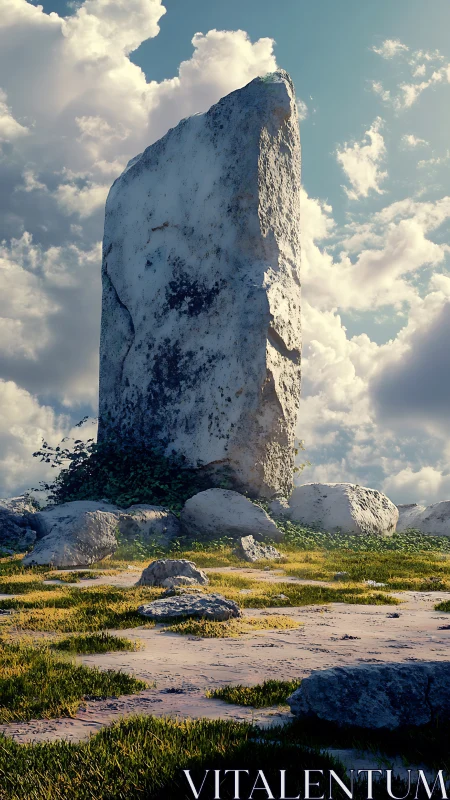 Eroded monolith in luminous cloud field, high fidelity render.