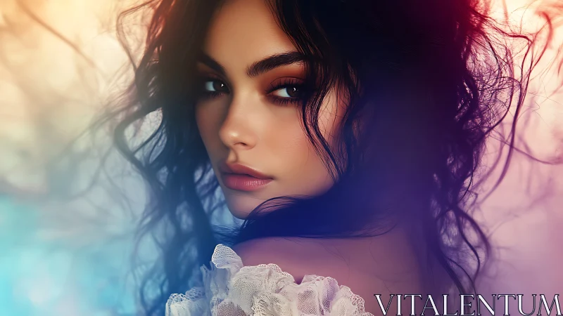 Digital portrait of woman with loose dark hair and lace top.