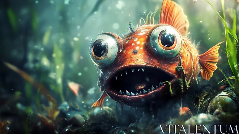 Cartoonish deep sea monster fish with bulging eyes