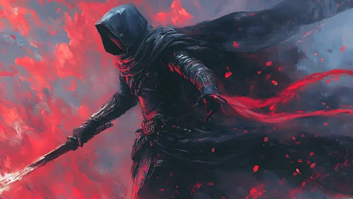 Hooded warrior in dark armor amid swirling red energy.