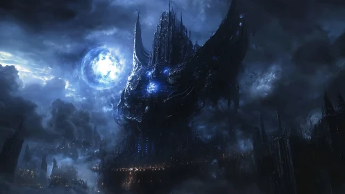 Monolithic alien fortress rises over storm-laden nocturnal megacity