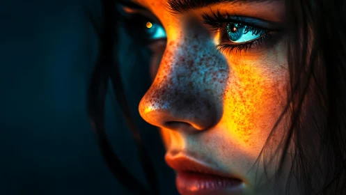 High contrast portrait isolates freckled skin in dual color lighting