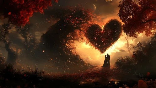 Silhouetted Figures in Fiery Landscape with Luminous Heart Formation