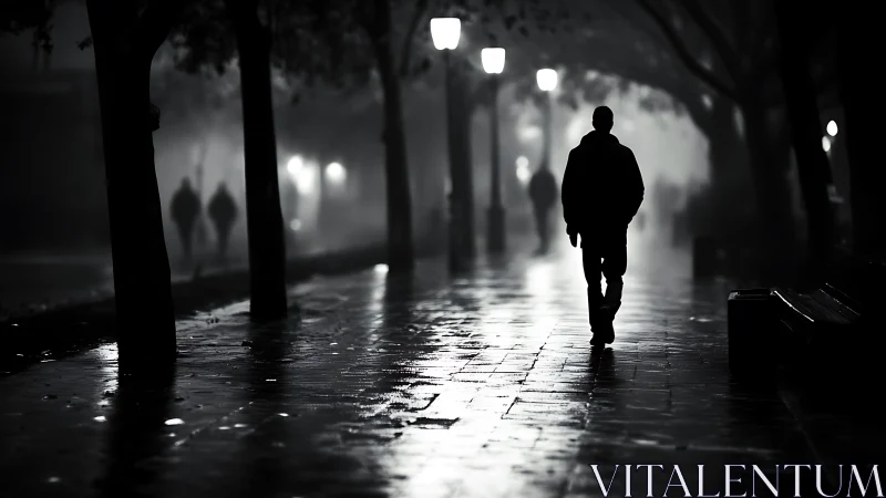 Solitary figure walks along wet, lamplit city promenade