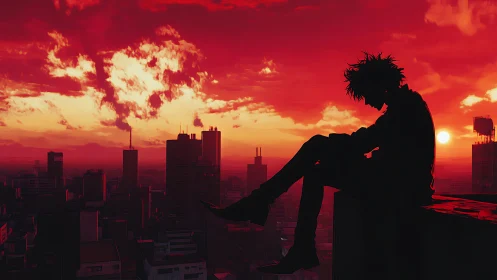 Silhouette on rooftop edge over dense city at red sunset.