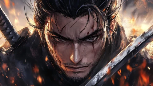 Battle-scarred samurai holds drawn blade amid rising embers