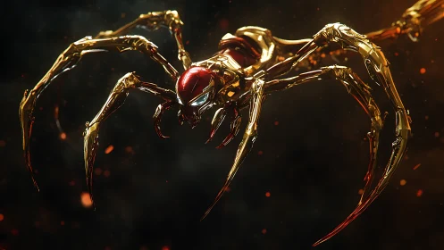 Golden biomech spider prowls through glowing embers in darkness.