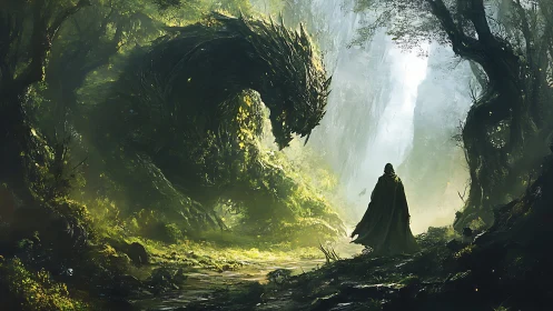 Forest guardian gently greets a lone cloaked wanderer