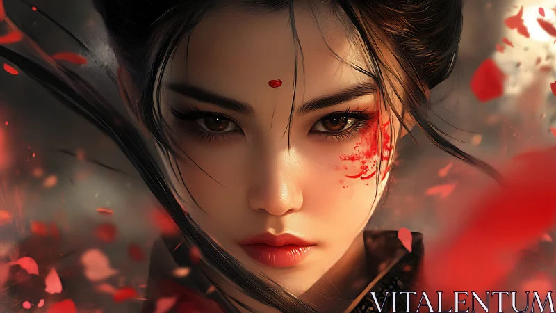 Digital painting portrait of warrior geisha with crimson petals.