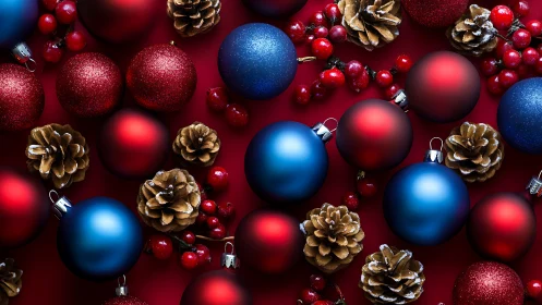 Saturated Christmas ornaments arranged in a high-contrast flatlay