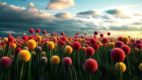 Vibrant Wildflower Field Under Dynamic Sky.