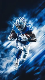 Star-clad gridiron comet storms through electric blue haze.