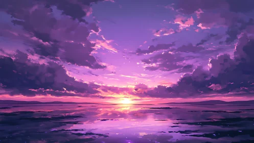 Violet sunset sky over calm reflective ocean horizon.
