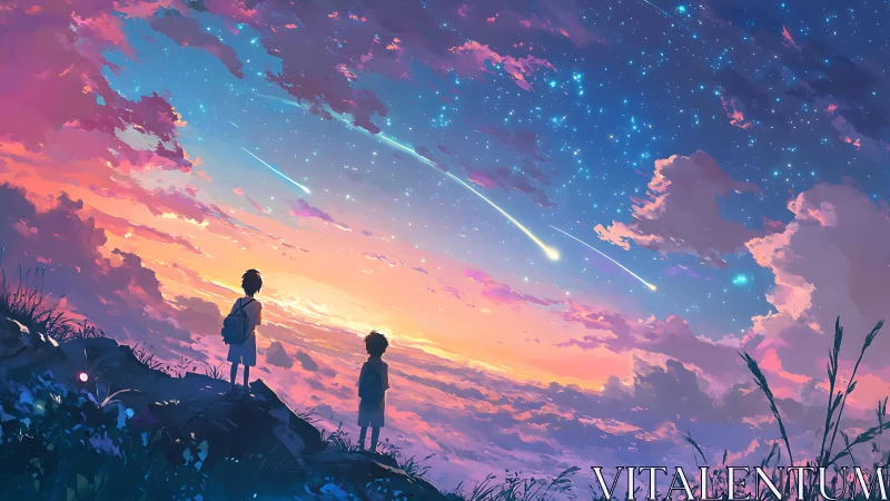 Anime twilight sky with meteor shower and two child silhouettes