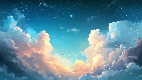 Digital sky illustration shows starry night above cumulus clouds