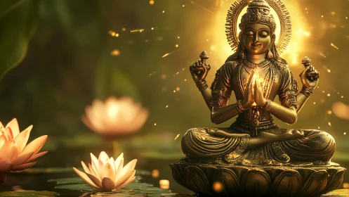 Gold-toned multi-armed deity statue among lotus flowers.