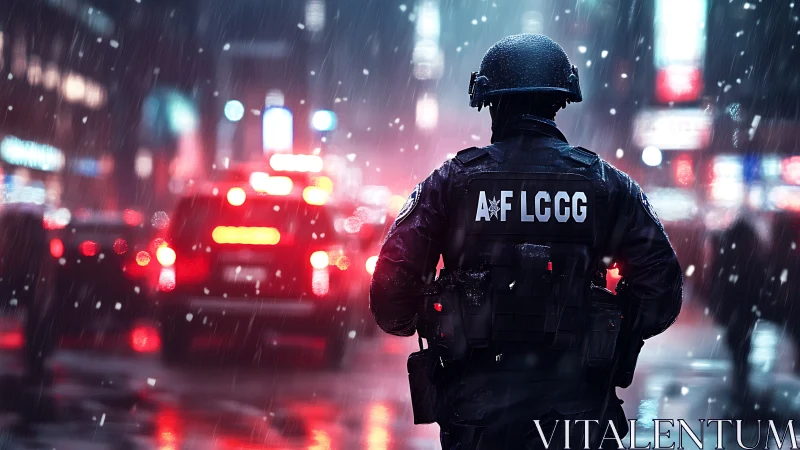 Armored police officer patrols wet city street in snowfall