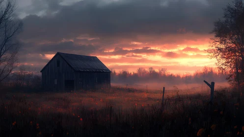 Barn stands in misty field under intense orange sunset sky