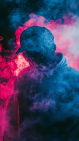 Moody silhouette relaxes in neon smoke and glowing color haze