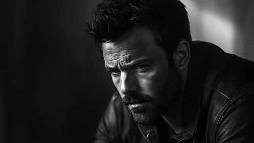 Brooding man in leather jacket under harsh side light
