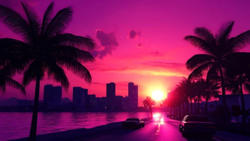 Neon sunset highway pours liquid light into the city bay