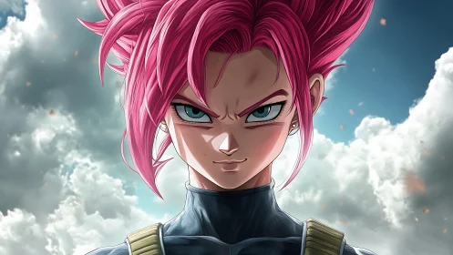 Pink haired anime warrior against dramatic cloudy sky.