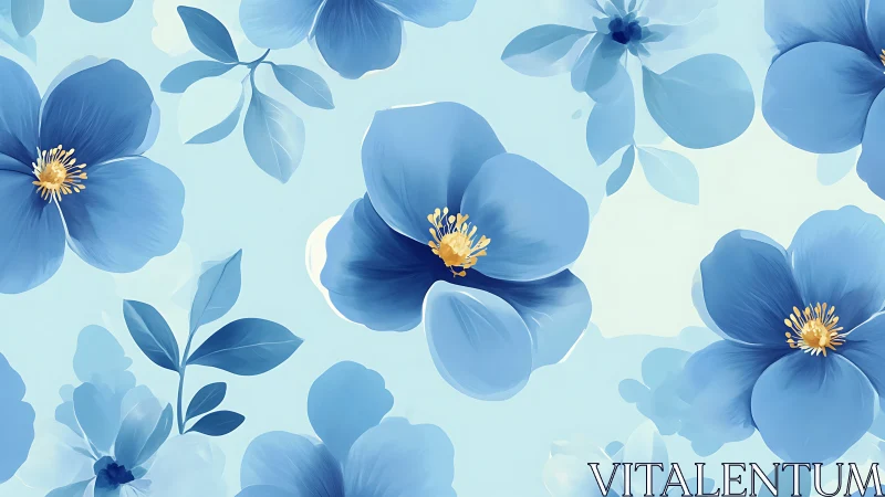 Blue Floral Elegance: Digital Garden of Serene Blooms