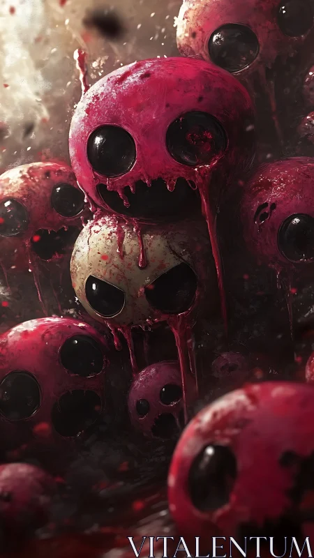 Grotesque bleeding spheres swarm in claustrophobic pit.