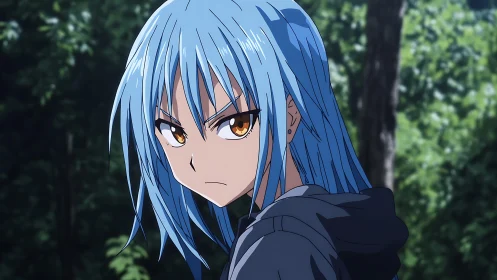 Blue‑haired anime subject with intense gaze in forest light.