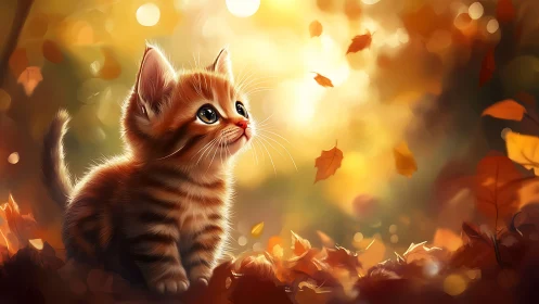 Orange tabby kitten gazes upward among autumn leaves.