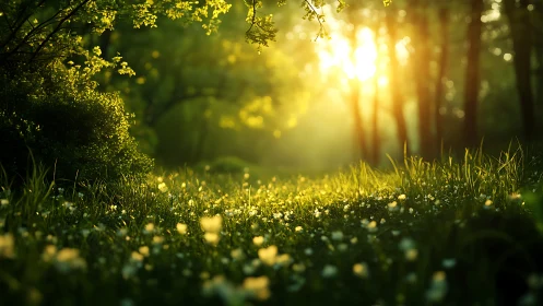 Sunlit Forest Meadow with Wildflowers in Golden Morning Light.