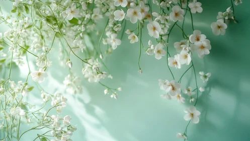 White Flowers on Delicate Stems Against Green Background