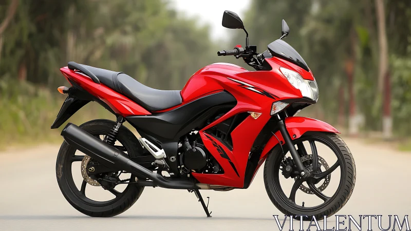 Red sport commuter motorcycle in lateral optical profile study.