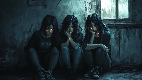 Three hooded girls with glowing eyes in decayed interior.