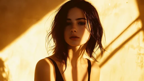 Soft sunlit portrait in golden evening window light.