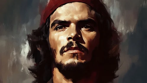 Stormlit rebel gaze under a crimson bandana crown.