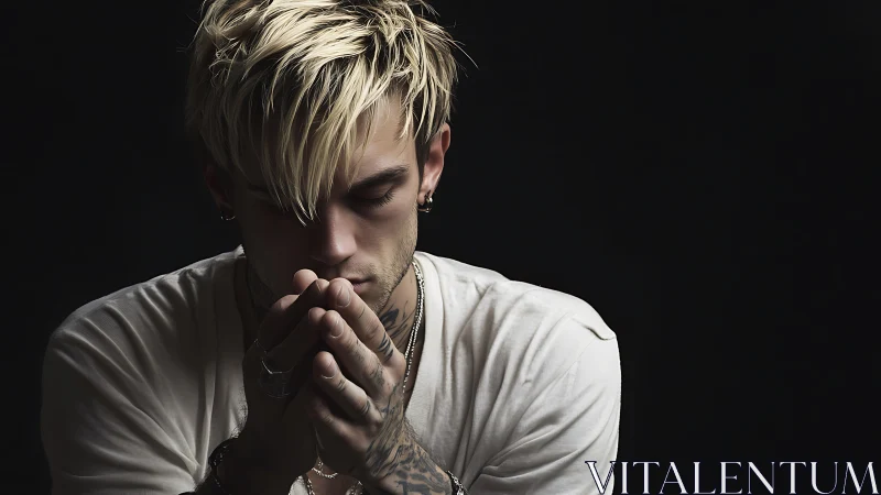 Low-key portrait of tattooed man in contemplative clasped pose.