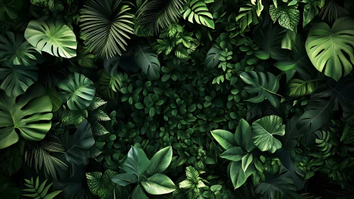 Top-down dense tropical foliage with layered leaf textures